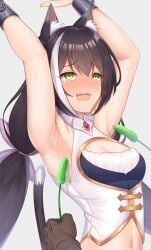 1girls absurd_res animal_ear_fluff animal_ears armpit armpit_crease armpit_fetish armpits arms_above_head arms_up bangs bare_shoulders black_hair blush blush breasts cat_ears cat_tail catgirl chained chained_wrists chains cleavage drooling feathers female green_eyes highres karyl_(princess_connect!) komainu_(yamaha1997) kyaru_(princess_connect) long_hair medium_breasts navel open_mouth princess_connect! restrained solo sweat sweatdrop sweaty_armpits tail tearing_up tears teary_eyes tickle_fetish tickle_torture tickling tickling_armpits