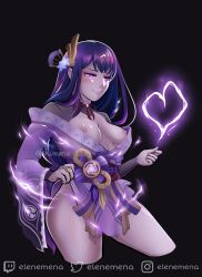 1girls artist_name bangs breasts clothing color elenemena energy exposed_breasts female female_only flashing genshin_impact goddess hair_down hair_ornament kimono light-skinned_female lightning mature_female medium_breasts naughty_face nipples no_bra open_clothes open_kimono posing purple_eyes purple_hair raiden_shogun revealing_clothes smiling solo standing thighs watermark