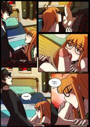 1boy 1girls black_hair blush comic cute english_text fellatio fringe ginger glasses imminent_oral kinkymation licking_penis lingerie oral orange_hair penis persona persona_5 petite ren_amamiya sakura_futaba small_fringe