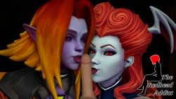 1boy 2girls 3d eye_contact fellatio hot_shot_saati licking licking_penis lillith_(paladins) long_hair looking_at_viewer orange_hair paladins pale_skin pointy_ears pov pov_male purple-skinned_female purple_eyes purple_skin red_eyes red_hair saati_(paladins) the_redhead_addict tongue tongue_out vampire wings