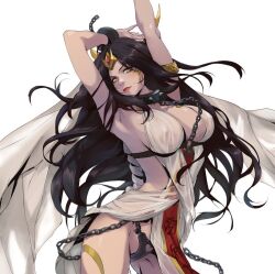 big_breasts black_hair chains cleavage dress lady_shura long_hair see-through semi-transparent semi-transparent_top spykeee wrist_cuffs yellow_eyes