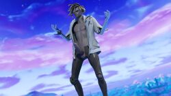 3d average_sized_penis black_legwear black_pupils bytes_(fortnite) cock dreadlocks fortnite fortnite:_battle_royale gay gray_skin scoutfuntf2 slight_blush slim white_eyebrows white_hair white_jacket