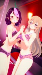 2girls ahoge belly_button big_breasts blush condom condom_in_mouth hairclip handholding holding_hands long_hair looking_at_viewer midriff navel peach_hair pink_hair purple_eyes purple_hair red_eyes sakurami_ruby short_hair underwear underwear_only virtual_youtuber x_hair_ornament yuusachii_(vtuber)