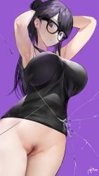 armpits arms_up asian asian_female bar_censor beauty_mark big_breasts black_hair bottomless censored eyewear female glasses hi_res highres light-skinned_female light_skin long_hair looking_at_viewer minakata_hizuru mole mole_under_mouth nipples_visible_through_clothing omone_hokoma_agm petite pubic_hair pussy summer_time_render summertime_render topwear vagina violet_eyes