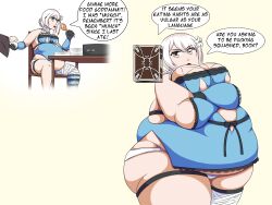 1girls bbw belly big_belly big_breasts breasts chubby eating english_text fat female female_only huge_belly kaine_(nier) light-skinned_female light_skin morbidly_obese nier nier_replicant obese overweight primesui solo solo_female text weight_gain white_background white_hair