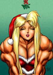 blonde_hair christmas cleavage dcmatthews female female_only kissing milf mistletoe mom mommy mommy_kink muscle muscles muscular muscular_female solo solo_female tetsuko