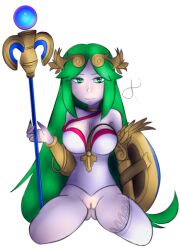 asymmetrical_legwear bottomless choker female green_eyes green_hair kid_icarus nintendo palutena rasenxoru shield single_thighhigh smile solo staff white_thighhighs