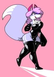 2018 anthro blue_tail breasts bulge canid canine cleavage clothed clothing dogfluid female fox fur gynomorph hair hi_res intersex legwear mammal markings navel pink_body pink_eyes pink_fur pink_hair purple_hair rubber rubber_clothing rubber_suit solo tail_markings tight_clothing white_body white_fur white_tail wide_hips