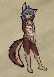 absurd_res blue_hair brown_body brown_fur canid canine canis clothed clothing domestic_dog exposed female fur genitals hair hi_res hybrid mammal nieri nude partially_clothed pinup pose pussy solo teenager young zaiksmckraven