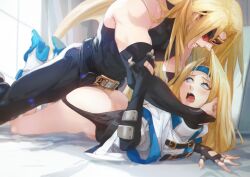 blonde_hair blue_eyes blush doggy_style female guilty_gear high_heels laying_on_bed millia_rage moaning spykeee zato-1