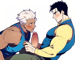 2boys ai_generated archer_(fate) bara black_hair blush emiya_shirou fate_(series) gay nai_diffusion original_character penis stable_diffusion white_hair