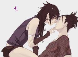 1boy1girl bandaged_arm bandages bare_shoulders black_hair blouse face-to-face fishnet_top fishnets from_side genderswap_(mtf) hand_on_another's_chin heart lips nara_shikamaru naruto naruto_(series) noses_touching rule_63 sasuke_uchiha sasuko shirt sleeveless sleeveless_shirt spiked_hair