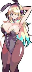 breasts bunny_ears bunnysuit cleavage cynthia_(pokemon) enpe large_breasts looking_at_viewer pantyhose pokemon smile