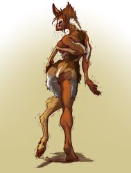 2021 antelope ass bovid breasts brown_body brown_fur brown_hair comictf dik-dik female fur genitals gradient_background hair hooves horn human looking_at_viewer looking_back looking_back_at_viewer mammal nude pussy simple_background smile solo species_transformation standing transformation true_antelope