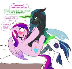 animal_genitalia animal_penis arthropod balls blush changeling disguise disguised_changeling english_text equine_penis female feral friendship_is_magic futanari genitals green_blush hasbro horn insect_wings intersex medial_ring my_little_pony penis princess_cadance_(mlp) quadruped queen_chrysalis_(mlp) redxbacon scared simple_background text white_background wings