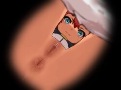 anus ass bangs bar_censor blue_eyes brown_hair censored female from_below gundam gundam_suisei_no_majo highres looking_at_viewer pasheri peeping pussy solo suletta_mercury