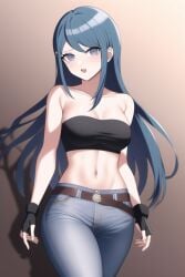 ai_generated belt danganronpa danganronpa:_trigger_happy_havoc fingerless_gloves gloves jeans looking_at_viewer maizono_sayaka nai_diffusion stable_diffusion strapless