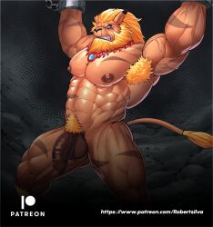 1boy abs absurdres armpit_hair balls bandai_namco beard blonde_hair blue_eyes body_hair bondage bound cuffs digimon digimon_(species) facial_hair genitals highres humanoid_genitalia humanoid_penis leomon male male_only navel nude pecs penis pubic_hair restraints robertsilva2019 scar shackles solo testicles vein veiny_penis