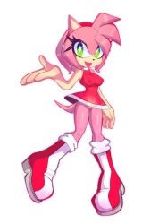 1girls amy_rose anthro boots bottomless breasts dress eulipotyphlan female going_commando hedgehog looking_at_viewer mammal nipple_bulge onz402 pussy see-through_clothing solo sonic_(series) tail white_background