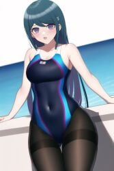 ai_generated bare_shoulders blue_swimsuit blush danganronpa danganronpa:_trigger_happy_havoc female female_only long_hair looking_at_viewer maizono_sayaka nai_diffusion open_mouth pantyhose pantyhose_under_swimsuit solo stable_diffusion swimsuit thighband_pantyhose