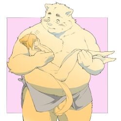 2020 2022 anthro balls belly blush canid canine canis carrying domestic_dog duo genitals hi_res humanoid_genitalia humanoid_hands humanoid_penis inunoshippo japanese_text kemono male mammal overweight overweight_male penis text towel