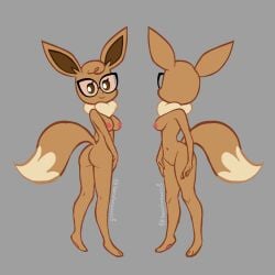 1:1 absurd_res anthro ass breasts brown_body brown_eyes brown_fur canid canine chest_tuft digital_media_(artwork) dipstick_tail eevee eyelashes eyewear eyewear_only feet female fingers fur generation_1_pokemon genitals glasses glasses_only hair hi_res looking_back mammal markings navel nintendo nipples nude pawpads pokemon pokemon_(species) pussy rear_view side_boob side_view simple_background smile solo standing tail_markings tan_body tan_fur tangeluscious toes tuft video_games