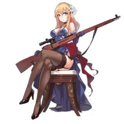 big_ass big_breasts black_thighhighs blonde_hair blue_eyes choker crown_braid fangdan_runiu flower_in_hair garter_straps girls'_frontline hair_ornament high_heels lace-trimmed_thighhighs long_gloves mosin-nagant_(girls'_frontline) necklace scope sitting_on_chair smiling_at_viewer sniper_rifle thighhighs wide_hips