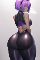 1girls ai_generated ass ass_focus back_view big_ass big_butt bob_cut breasts bubble_ass dark-skinned_female dat_ass fate/grand_order fate_(series) female female_focus female_only hairband hassan_of_serenity_(fate) huge_ass huge_butt looking_back nai_diffusion purple_eyes purple_hair shiny_clothes short_hair sideboob skin_tight skindentation stable_diffusion steamy_breath thick_ass thick_thighs thighs tight_fit