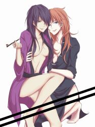 2girls blue_eyes bouzubee chinese_clothes cleavage female female_only genderswap_(mtf) gintama hair_down hair_over_one_eye kamui_(gintama) kimono kiseru licking_lips long_hair looking_at_viewer messy_hair no_bra open_clothes open_kimono orange_hair pipe purple_hair rule_63 smile smoking smoking_pipe takasugi_shinsuke yuri