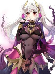 1girls absurdres alternate_costume aura black_gloves bodystocking brand_of_the_defile breasts bridal_gauntlets cleavage clothing_cutout corruption covered_navel cowboy_shot dark_aura dark_persona eyes_of_grima female female_only fingerless_gloves fire_emblem fire_emblem_awakening fire_emblem_cipher fire_emblem_heroes gloves grey_hair grima_(fire_emblem) hand_tattoo highres large_breasts long_hair looking_at_viewer midriff navel nintendo official_alternate_costume orange_eyes red_eyes robin_(female)_(fell_tactician)_(fire_emblem) robin_(fire_emblem) robin_(fire_emblem)_(female) see-through simple_background smile solo tara_(szzj7733) tattoo twintails underboob upper_body v-shaped_eyebrows white_background