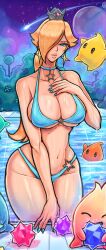 1girls 2023 big_breasts big_thighs bikini bikini_bottom bikini_top blonde_hair blue_bikini blue_eyes blue_nail_polish blue_nails breasts bush cleavage cloud crown earring earrings female female_focus frealish huge_breasts huge_thighs lips long_hair luma mario_(series) necklace night nintendo one_eye_closed outdoors pool princess_rosalina shiny_breasts shiny_hair shiny_skin shiny_thighs skimpy_bikini sky solo_focus star_bits super_mario_galaxy swimsuit thick_thighs thighs water wet wet_body wet_hair wet_skin yellow_hair