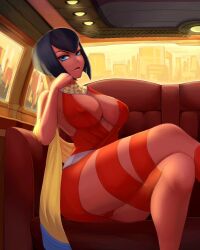 1girls 2022 ass black_hair blue_eyes bob_cut breasts cleavage covered_nipples crossed_legs dress egyptian eliza_(skullgirls) erect_nipples erect_nipples_under_clothes etahoin looking_at_viewer minidress panties red_panties short_hair sitting skullgirls tagme thighs upskirt