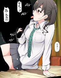 1boy arm_support black_hair breasts brown_eyes brown_hair female green_necktie grey_skirt handjob idolmaster idolmaster_cinderella_girls medium_breasts medium_hair mole mole_under_eye motion_lines necktie open_mouth serebi_ryousangata shirt sitting skirt straight sunazuka_akira thighs tongue tongue_out white_shirt