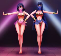 2girls belly_dancer belly_dancer_outfit black_hair cleavage dancer_outfit female female_only harem harem_girl harem_outfit kill_la_kill kiryuuin_satsuki large_breasts long_hair looking_at_viewer matoi_ryuuko medium_hair multicolored_hair multiple_girls mythro red_hair veil