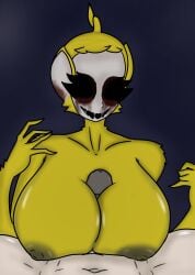 antenna anthro big_breasts bleeding_eyes blood chara_wantrp creepy creepy_smile fluffy fur horror humanoid_on_humanoid laa-laa laa-laa(slendytubbies) long_arms monster monster_girl paizuri scaroused slendytubbies smile straight teletubbies the_main_slendytubbies_cast_and_enemies tip_peeking titjob white_body yellow_body