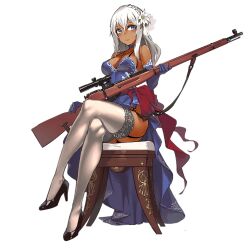 big_ass big_breasts blue_eyes choker crown_braid dark-skinned_female fangdan_runiu flower_in_hair garter_straps girls'_frontline hair_ornament high_heels lace-trimmed_thighhighs long_gloves mosin-nagant_(girls'_frontline) necklace scope silver_hair sitting_on_chair smiling_at_viewer sniper_rifle thighhighs white_thighhighs wide_hips