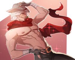 1boy 1male abs allylip_(artist) arm_hair blue_eyes capcom chest_hair cowboy_hat dante devil_may_cry devil_may_cry_5 fingerless_gloves hat male male_only male_pinup muscular pants pinup pinup_pose rose_in_mouth scarf top_surgery_scars watermark white_hair