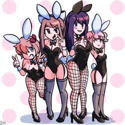 4girls :t blue_eyes blush blush_lines bowtie breasts bunijayy bunny_ears bunny_girl bunny_tail bunnysuit cleavage doki_doki_literature_club double_v female female_only green_eyes hands_on_breasts hands_on_chest high_heels large_breasts matching_hair/eyes monika_(doki_doki_literature_club) multiple_girls natsuki_(doki_doki_literature_club) pink_eyes pink_hair pout purple_eyes purple_hair sayori_(doki_doki_literature_club) small_breasts strawberry_blonde_hair v yuri_(doki_doki_literature_club)