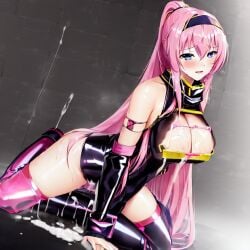 ai_generated blue_eyes blush breasts bukkake cum cum_floor cum_on_breasts latex_suit megurine_luka nai_diffusion pink_hair ponytail stable_diffusion thighs very_long_hair vocaloid