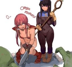 1girls 3boys armor big_breasts black_hair bodysuit boots breasts cameltoe cosplay dragon_quest female femboy girly goblin goblin_male komi-san_wa_komyushou_desu komi_shouko long_hair mamimi_(artist) mamimi_(mamamimi) micro_bikini multiple_boys penis standing tadano_hitohito text trapdano