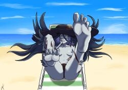 beach bikini_bottom blood bones breasts day dead_by_daylight feet feet_up female_only glass hooked_on_you horror_(theme) legs_up ocean panties solo_focus sun_hat the_spirit_(dead_by_daylight) toes yandere