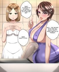 2girls big_breasts blonde_hair breasts bride brown_hair busty curvaceous curvy curvy_body curvy_female curvy_figure english english_text female green_eyes huge_breasts large_breasts mole mole_under_mouth multiple_girls original original_character text toui voluptuous