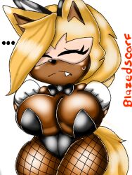 ... big_breasts blazedscarf blonde_hair bowtie bunny_ears bunnysuit closed_eyes dark_skin frown idw_comics idw_publishing mobian_(species) nervous netting sega sonic_(series) sonic_the_hedgehog_(comics) sonic_the_hedgehog_(idw) sonic_the_hedgehog_(series) whisper_the_wolf wolf