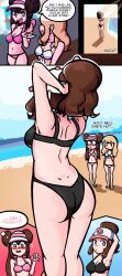 3girls 5_fingers ? ass beach bikini black_bikini blue_eyes blush brown_hair bunijayy cleavage english_text hat hilda_(pokemon) lesbian multiple_girls navel nintendo pink_bikini pokemon rosa_(pokemon) sand serena_(pokemon) text text_bubble thought_bubble water white_bikini yuri