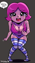 5_fingers animal_crossing animal_crossing_girl bow_panties breasts bunijayy cleavage english_text motion_lines nintendo only_player panties pink_hair text text_bubble thigh_high_socks thighhighs villager_(animal_crossing)