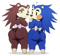 2022 2girls animal_crossing anthro apron apron_only ass ass_focus being_watched big_ass black_nose blue_body blue_fur blush brown_body brown_fur bubble_ass bubble_butt clothed clothing edit eulipotyphlan female female_only females_only fur group hedgehog hi_res hip_to_hip lineup looking_at_another looking_at_viewer looking_back mabel_able mammal mostly_nude naked_apron nervous nintendo question_mark rear_view sable_able short_stack shortstack shy sibling side_by_side simple_background sister sisters sssonic2 standing thick_thighs video_games white_background