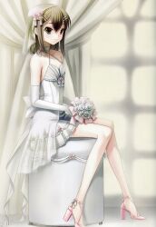 1girls bouquet breasts bridal_veil bride brown_eyes brown_hair choker curtain dress gloves hair_ornament high_heels holding_bouquet li_(liras) looking_at_viewer medium_hair sitting sitting_on_stool small_breasts stool veil wedding_dress white_dress window