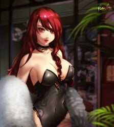 1girls black_leotard blurry_background breasts choker covered_navel esther-shen female_only fur_coat hair_between_breasts highleg highleg_leotard large_breasts leotard long_hair looking_at_viewer mitsuru_kirijo navel persona persona_3 plants red_eyes red_hair solo solo_female