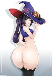1girls ass ass_focus back back_view black_hair bottomless breasts bubble_butt female from_behind genshin_impact hat hi_res huge_ass human large_ass large_hat long_hair mona_(genshin_impact) png sideboob smile solo standing thick_thighs thighhighs thighs twintails wide_hips witch_hat zonen404