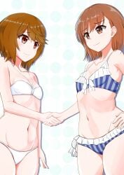 10s 2019 2girls 3535mb armpits bare_shoulders bare_thighs bikini blue_bikini blue_swimsuit brown_eyes brown_hair cleavage collarbone duo flat_chest frilled_bikini hand_on_hip hand_on_own_hip hi_res kinuhata_saiai looking_at_another matching_hair/eyes misaka_mikoto navel official_alternate_costume shaking_hands short_hair simple_background smile swimsuit teenage_girl teenager thighs to_aru_kagaku_no_railgun to_aru_majutsu_no_index white_bikini white_swimsuit young